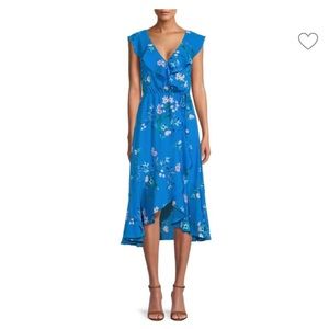 Socialite Blue Ruffle Print Wrap Midi Dress Cobalt Floral Size L NWT